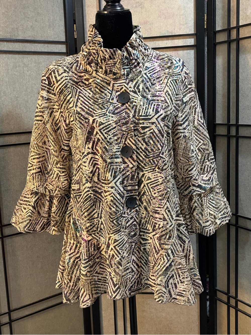 Damee Inc Lightweight Sequin Semi Sheer Poly Buttoned Top Sz S Cocktail Party